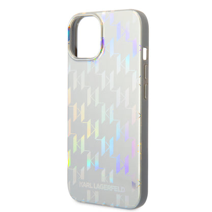 Funda para Apple iPhone 14 Plus, Karl Lagerfeld, Monogram Iridescent, Plateada.