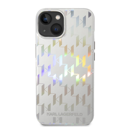 Funda para Apple iPhone 14 Plus, Karl Lagerfeld, Monogram Iridescent, Plateada.
