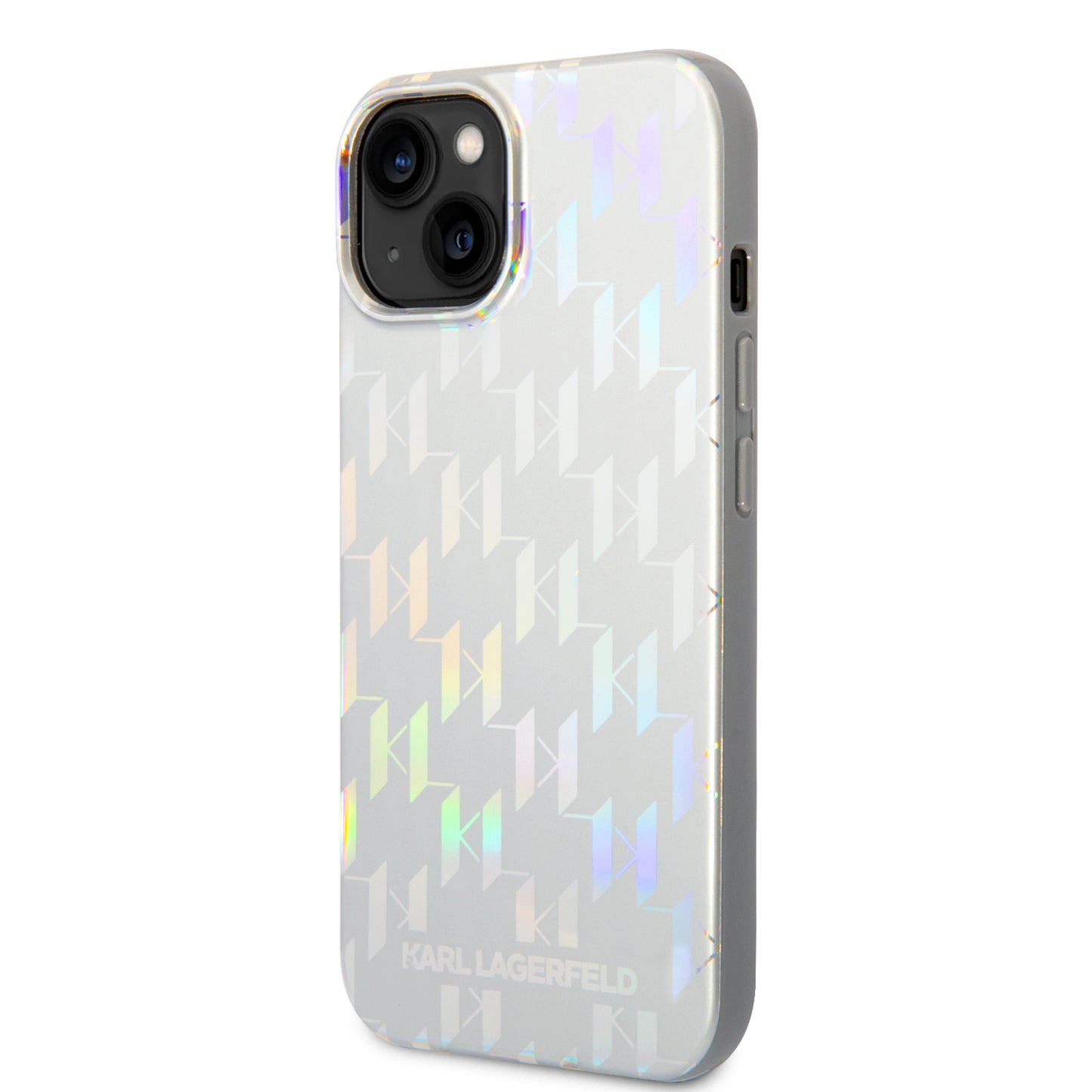 Funda para Apple iPhone 14 Plus, Karl Lagerfeld, Monogram Iridescent, Plateada.