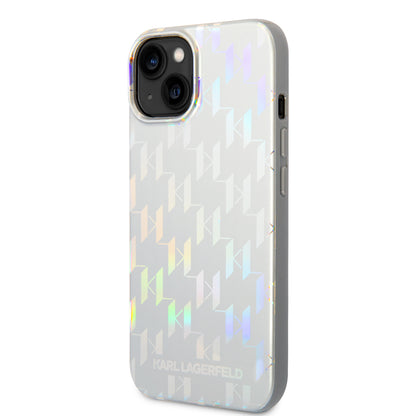 Funda para Apple iPhone 14 Plus, Karl Lagerfeld, Monogram Iridescent, Plateada.