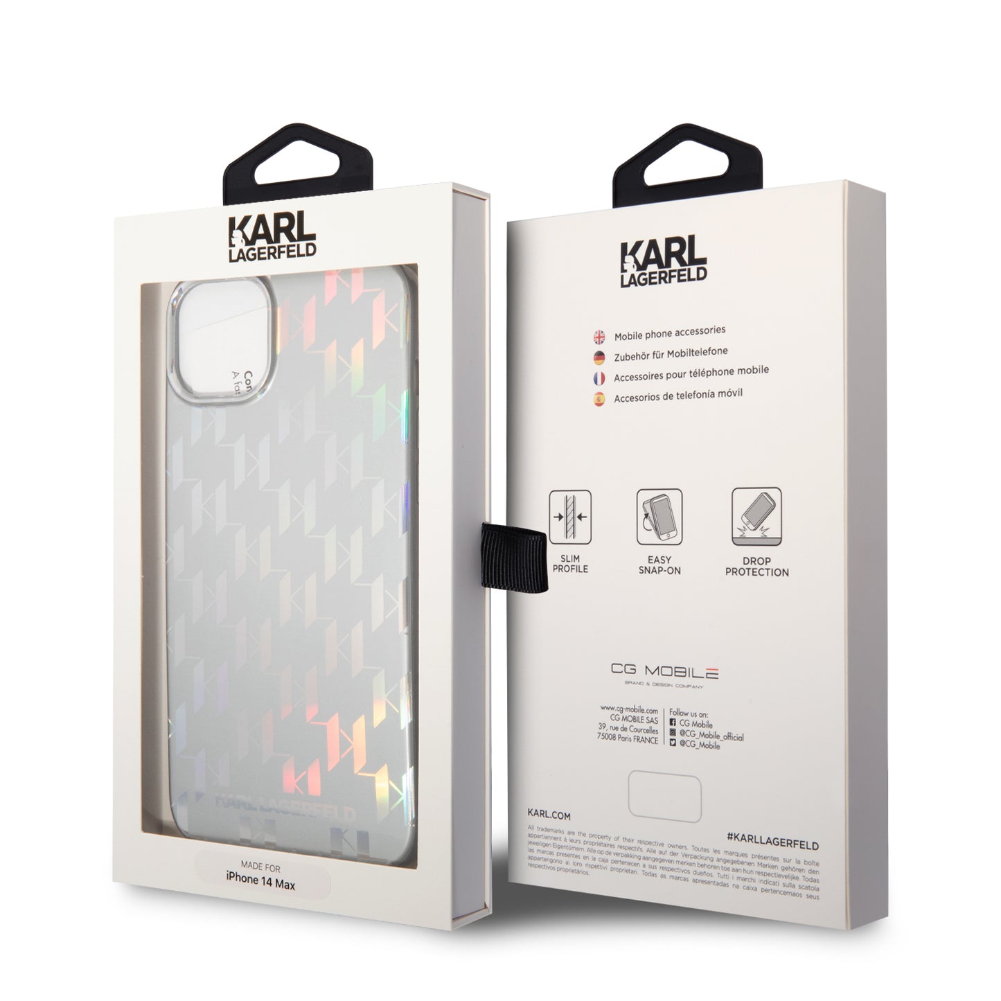 Funda para Apple iPhone 14 Plus, Karl Lagerfeld, Monogram Iridescent, Plateada.