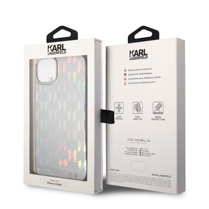 Funda para Apple iPhone 14 Plus, Karl Lagerfeld, Monogram Iridescent, Plateada.