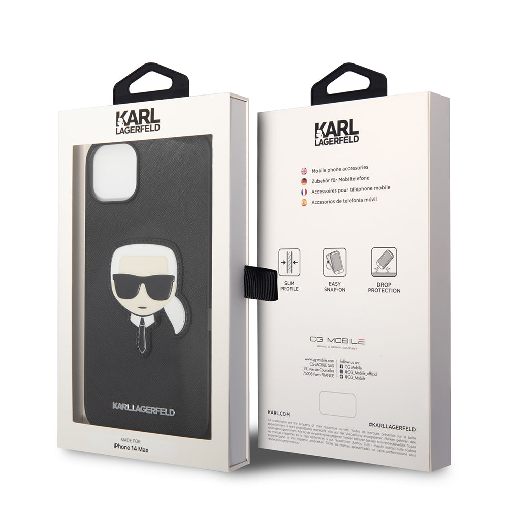 Funda para Apple iPhone 14 Plus, Karl Lagerfeld, Saffiano Karl's Head, Negra