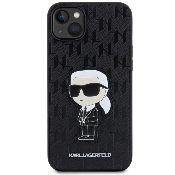 Funda para Apple iPhone 14 Plus, Karl Lagerfeld, Saffiano Monogram Ikonik Karl, Negra