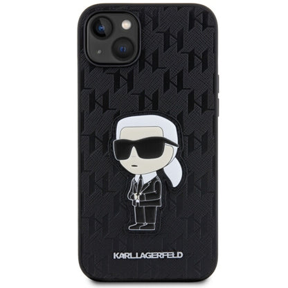 Funda para Apple iPhone 14 Plus, Karl Lagerfeld, Saffiano Monogram Ikonik Karl, Negra