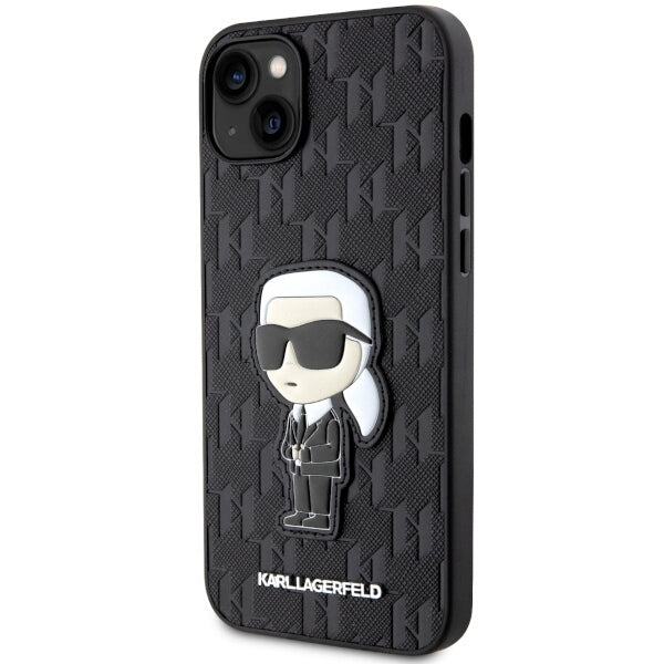 Funda para Apple iPhone 14 Plus, Karl Lagerfeld, Saffiano Monogram Ikonik Karl, Negra