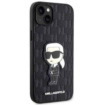 Funda para Apple iPhone 14 Plus, Karl Lagerfeld, Saffiano Monogram Ikonik Karl, Negra