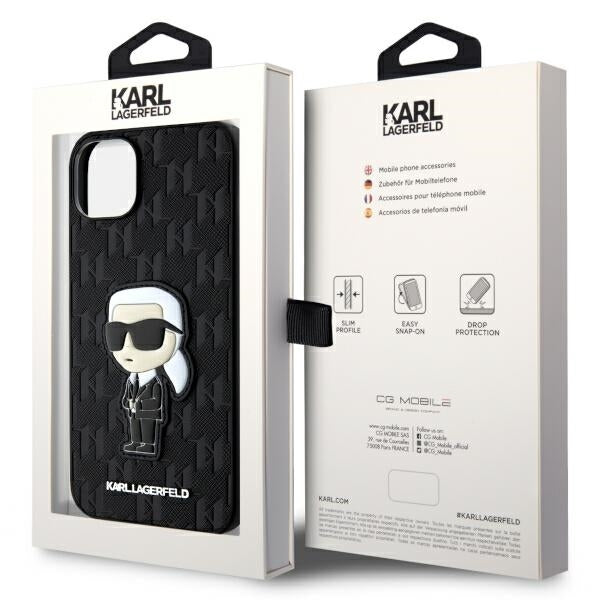 Funda para Apple iPhone 14 Plus, Karl Lagerfeld, Saffiano Monogram Ikonik Karl, Negra