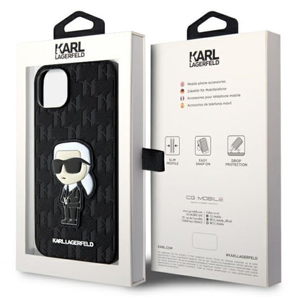 Funda para Apple iPhone 14 Plus, Karl Lagerfeld, Saffiano Monogram Ikonik Karl, Negra