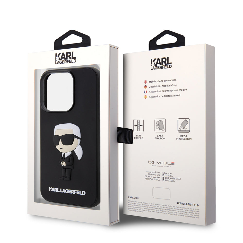 Funda para Apple iPhone 14 Pro, Karl Lagerfeld, 3D Rubber Ikonik Karl, Negra
