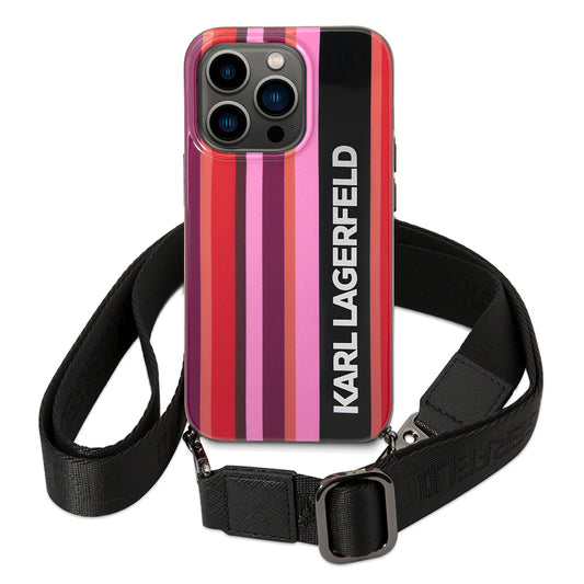 Funda para Apple iPhone 14 Pro, Karl Lagerfeld, Color Stripes with Strap, Rosa