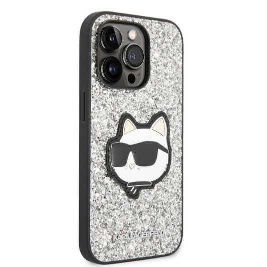 Funda para Apple iPhone 14 Pro, Karl Lagerfeld, Glitter Choupette Patch, Plateada.