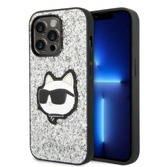 Funda para Apple iPhone 14 Pro, Karl Lagerfeld, Glitter Choupette Patch, Plateada.