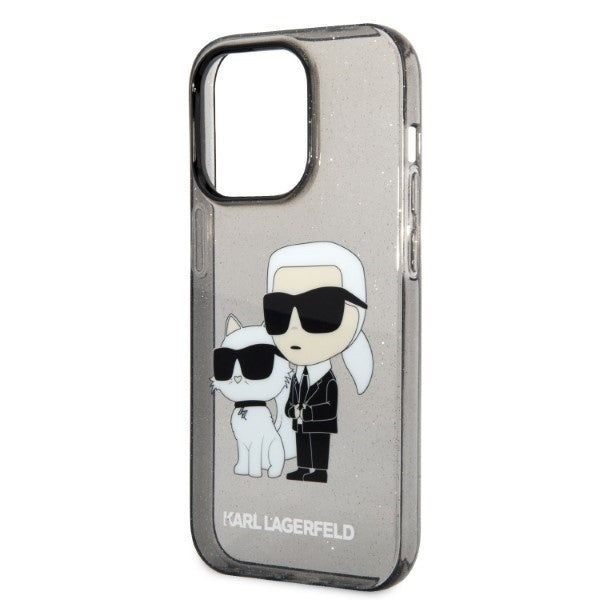 Funda para Apple iPhone 14 Pro, Karl Lagerfeld, Glitter Karl & Choupette, Negra