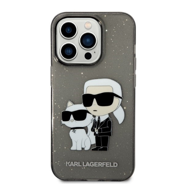 Funda para Apple iPhone 14 Pro, Karl Lagerfeld, Glitter Karl & Choupette, Negra
