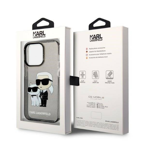 Funda para Apple iPhone 14 Pro, Karl Lagerfeld, Glitter Karl & Choupette, Negra