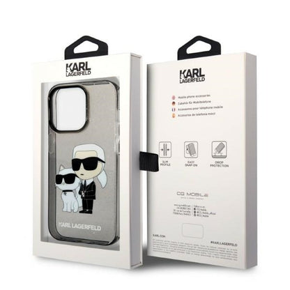 Funda para Apple iPhone 14 Pro, Karl Lagerfeld, Glitter Karl & Choupette, Negra