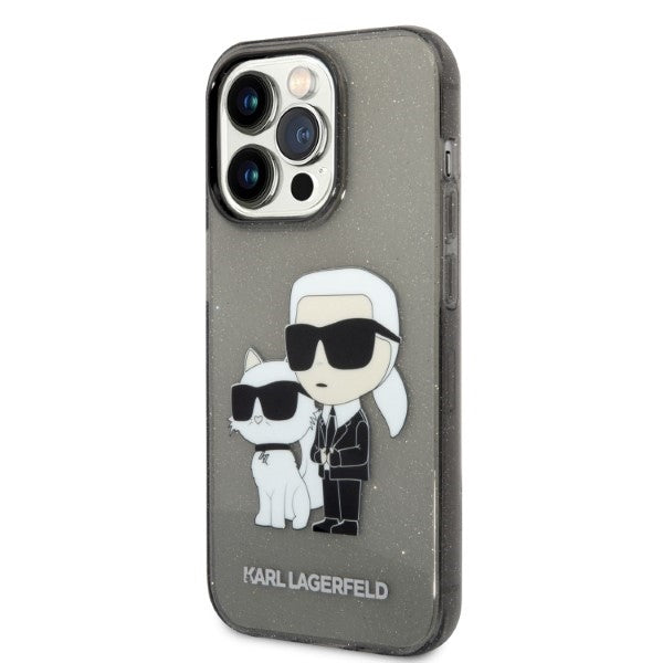 Funda para Apple iPhone 14 Pro, Karl Lagerfeld, Glitter Karl & Choupette, Negra