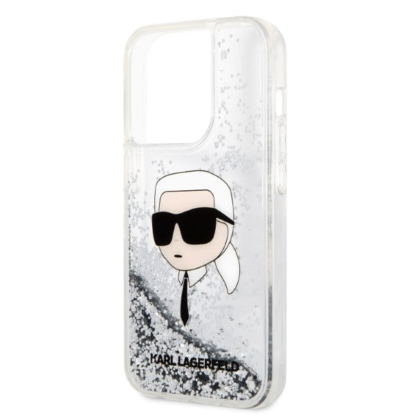Funda para Apple iPhone 14 Pro, Karl Lagerfeld, Glitter Karl's Head, Plateada.