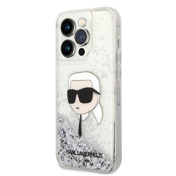 Funda para Apple iPhone 14 Pro, Karl Lagerfeld, Glitter Karl's Head, Plateada.