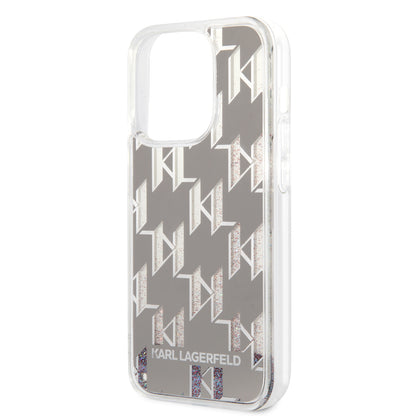 Funda para Apple iPhone 14 Pro, Karl Lagerfeld, Liquid Glitter Monogram, Plateada.