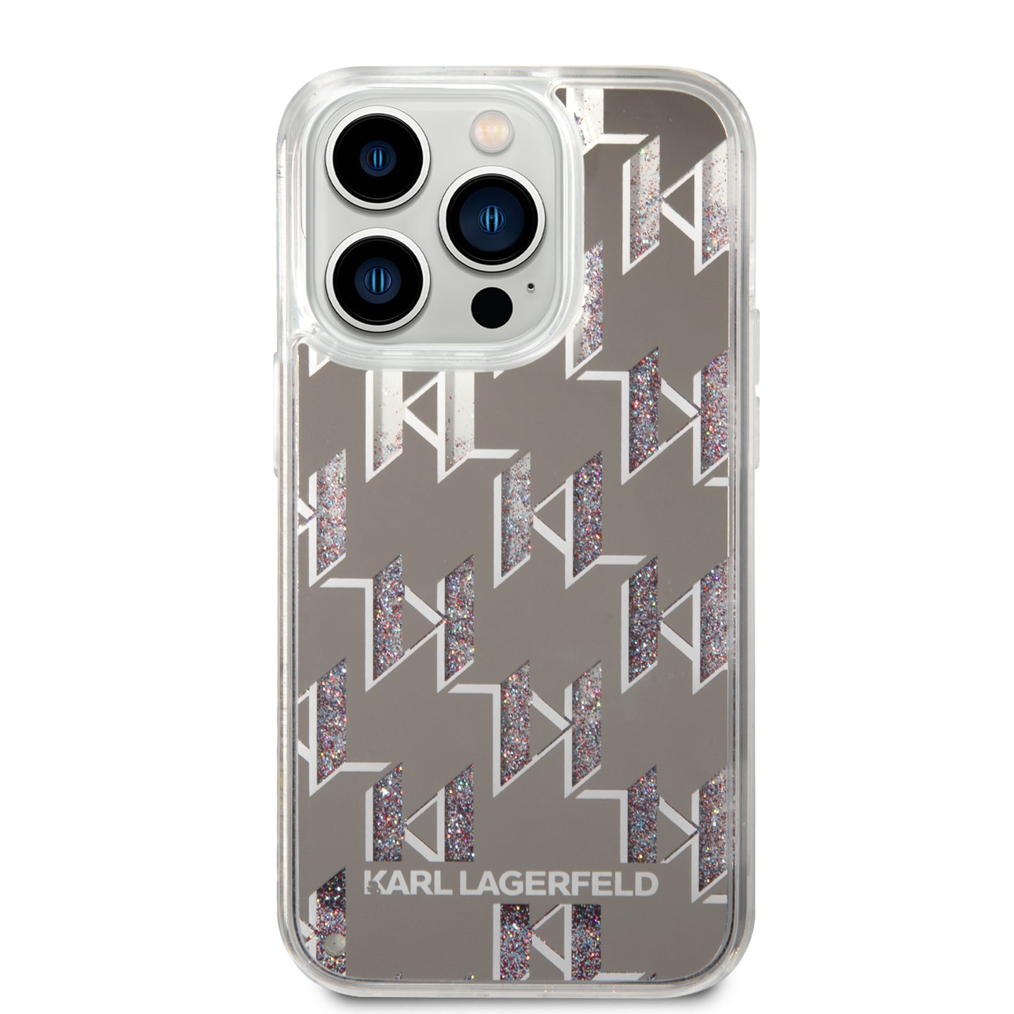 Funda para Apple iPhone 14 Pro, Karl Lagerfeld, Liquid Glitter Monogram, Plateada.
