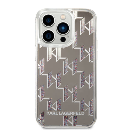 Funda para Apple iPhone 14 Pro, Karl Lagerfeld, Liquid Glitter Monogram, Plateada.