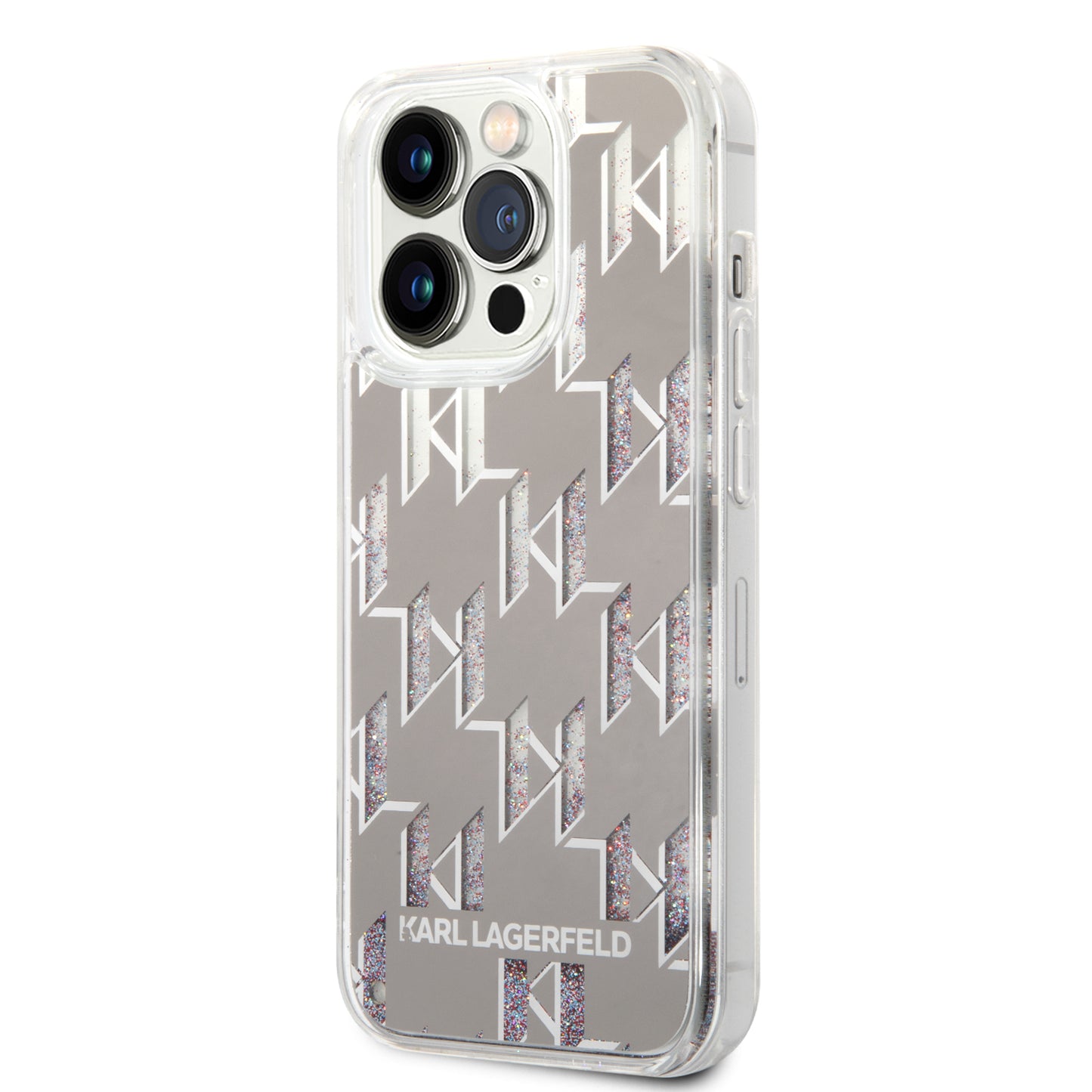 Funda para Apple iPhone 14 Pro, Karl Lagerfeld, Liquid Glitter Monogram, Plateada.