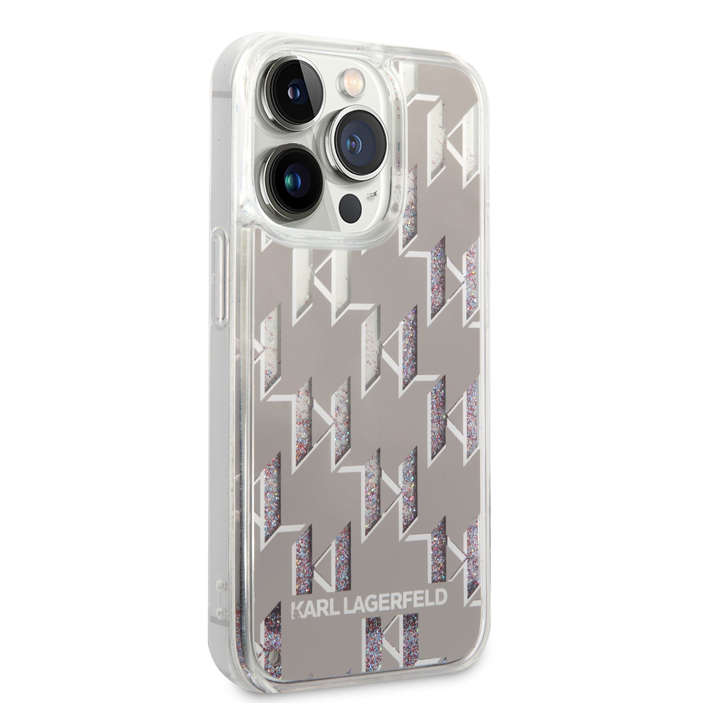 Funda para Apple iPhone 14 Pro, Karl Lagerfeld, Liquid Glitter Monogram, Plateada.
