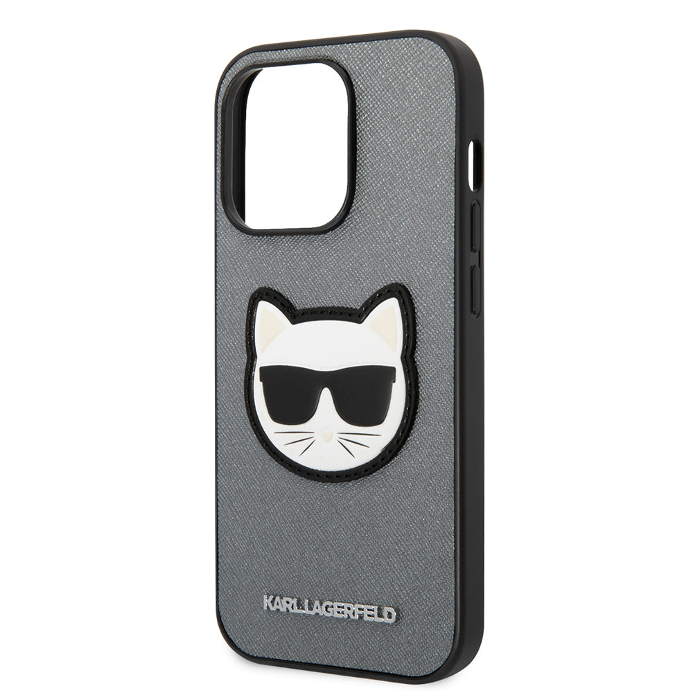 Funda para Apple iPhone 14 Pro, Karl Lagerfeld, Saffiano Choupette's Head, Plateada.