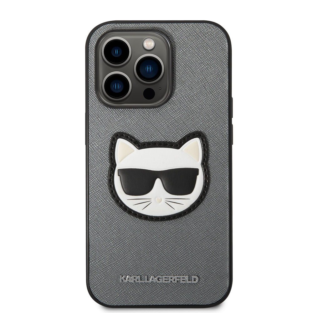 Funda para Apple iPhone 14 Pro, Karl Lagerfeld, Saffiano Choupette's Head, Plateada.