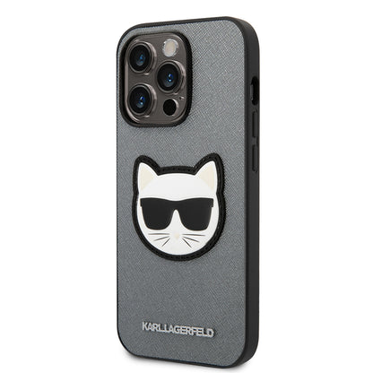 Funda para Apple iPhone 14 Pro, Karl Lagerfeld, Saffiano Choupette's Head, Plateada.