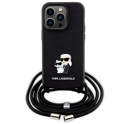 Funda para Apple iPhone 14 Pro, Karl Lagerfeld, Saffiano Crossbody Metal Pin Karl & Choupette, Negra.