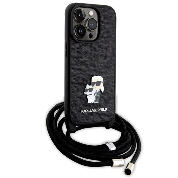 Funda para Apple iPhone 14 Pro, Karl Lagerfeld, Saffiano Crossbody Metal Pin Karl & Choupette, Negra.