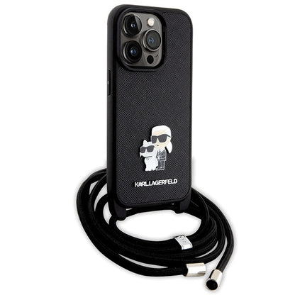 Funda para Apple iPhone 14 Pro, Karl Lagerfeld, Saffiano Crossbody Metal Pin Karl & Choupette, Negra.