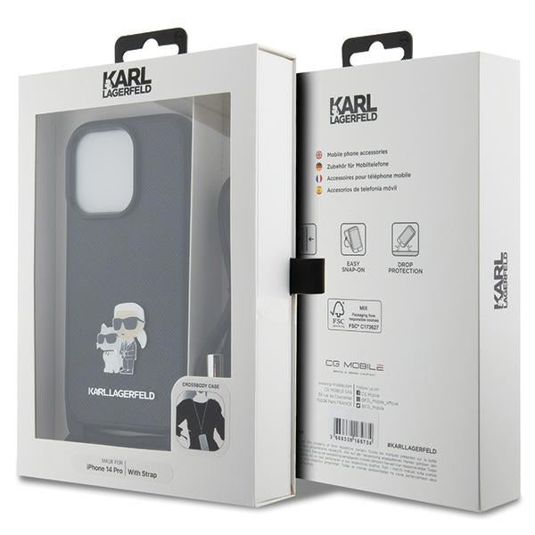 Funda para Apple iPhone 14 Pro, Karl Lagerfeld, Saffiano Crossbody Metal Pin Karl & Choupette, Negra.