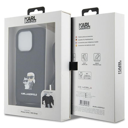 Funda para Apple iPhone 14 Pro, Karl Lagerfeld, Saffiano Crossbody Metal Pin Karl & Choupette, Negra.