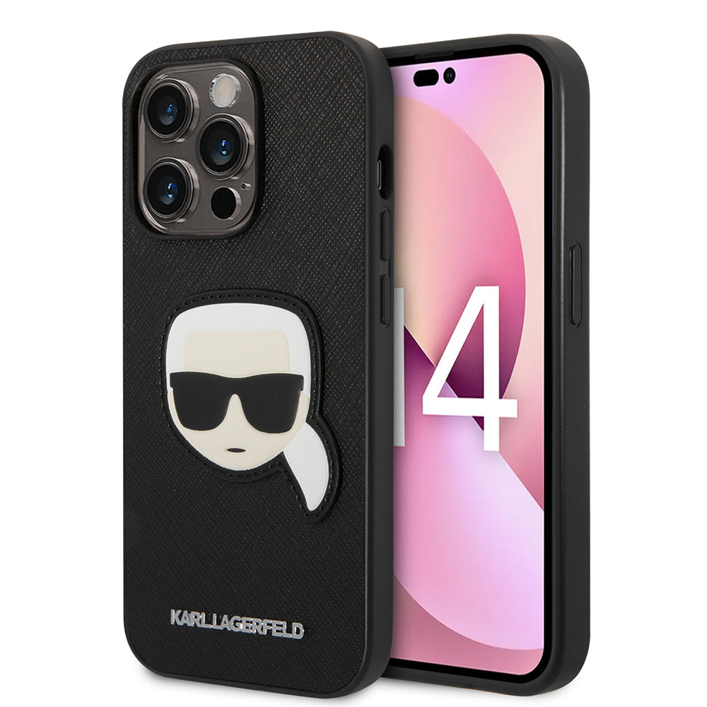 Funda para Apple iPhone 14 Pro, Karl Lagerfeld, Saffiano Karl's Head, Negra.