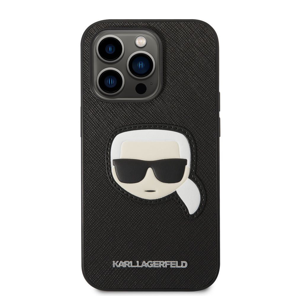Funda para Apple iPhone 14 Pro, Karl Lagerfeld, Saffiano Karl's Head, Negra.