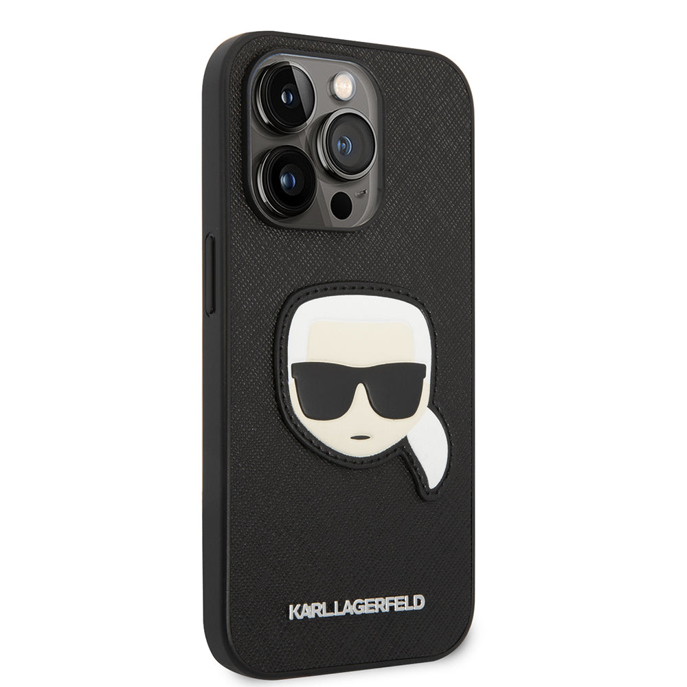 Funda para Apple iPhone 14 Pro, Karl Lagerfeld, Saffiano Karl's Head, Negra.
