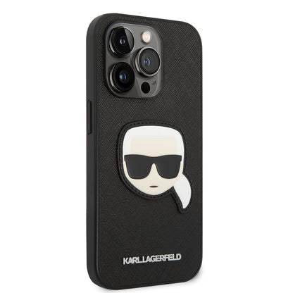 Funda para Apple iPhone 14 Pro, Karl Lagerfeld, Saffiano Karl's Head, Negra.
