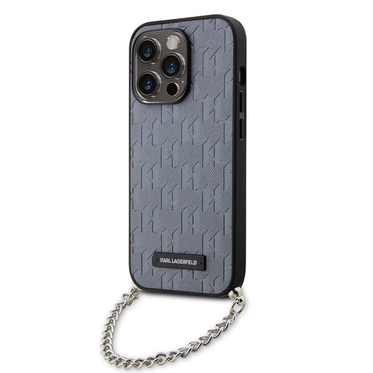 Funda para Apple iPhone 14 Pro, Karl Lagerfeld, Saffiano Monogram Chain, Plateada
