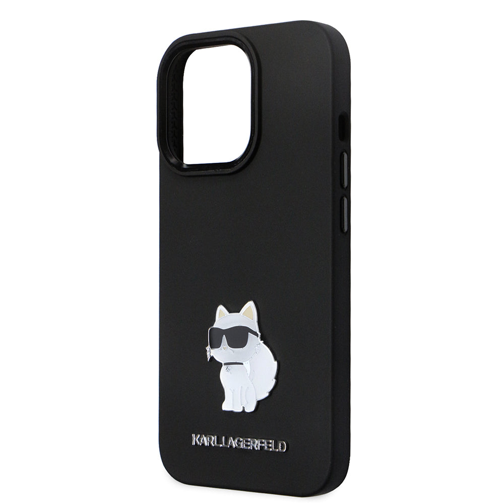 Funda para Apple iPhone 14 Pro, Karl Lagerfeld, Silicone Choupette Metal, Negra