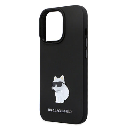 Funda para Apple iPhone 14 Pro, Karl Lagerfeld, Silicone Choupette Metal, Negra