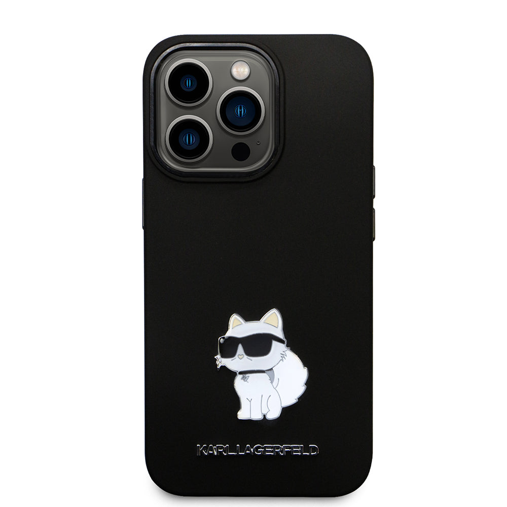 Funda para Apple iPhone 14 Pro, Karl Lagerfeld, Silicone Choupette Metal, Negra