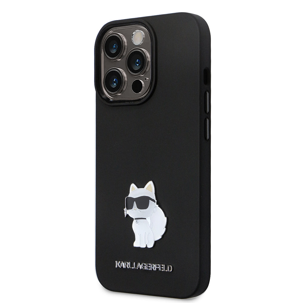 Funda para Apple iPhone 14 Pro, Karl Lagerfeld, Silicone Choupette Metal, Negra