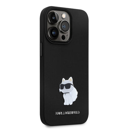 Funda para Apple iPhone 14 Pro, Karl Lagerfeld, Silicone Choupette Metal, Negra