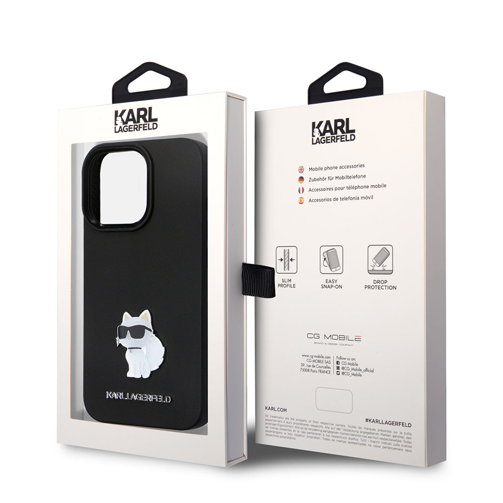 Funda para Apple iPhone 14 Pro, Karl Lagerfeld, Silicone Choupette Metal, Negra