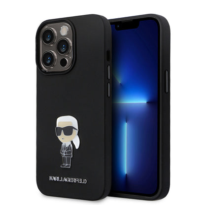 Funda para Apple iPhone 14 Pro, Karl Lagerfeld, Silicona Ikonik Karl Metal, Negra