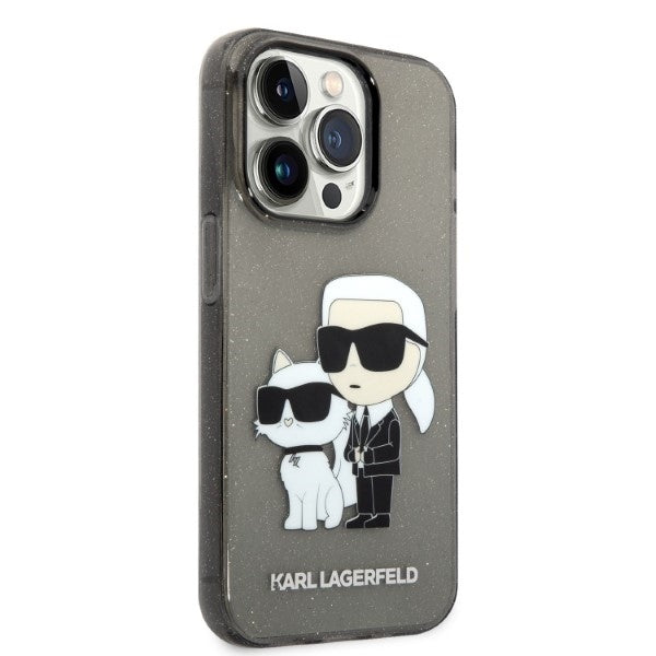 Funda para Apple iPhone 14 Pro Max, Karl Lagerfeld, Glitter Karl & Choupette, Negra